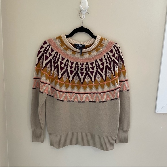 FDJ Tribal Fair Isle Crewneck Ribbed Sweater, Size S - Picture 5 of 10